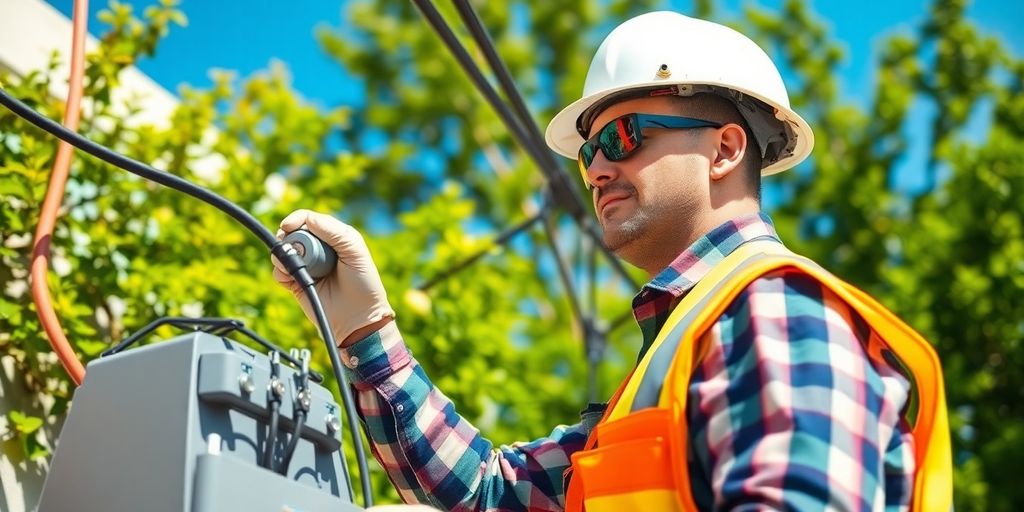 Electric technician working on maintenance in sunny weather.