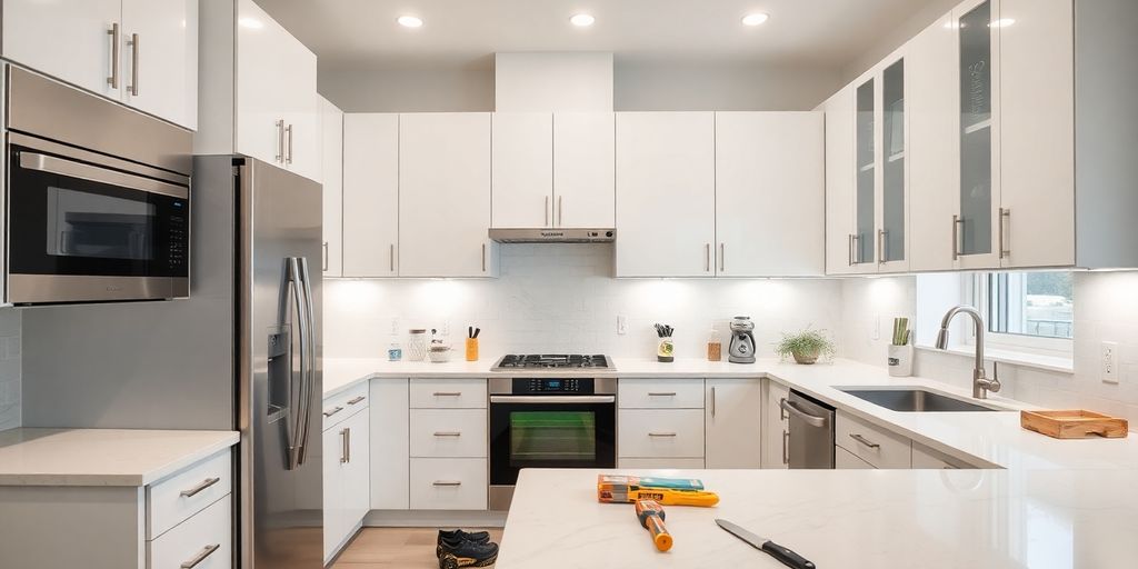 Modern kitchen under renovation with new electric appliances.